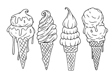 Set of linear sketches of summer dessert ice cream in a waffle cone.Vector graphics.