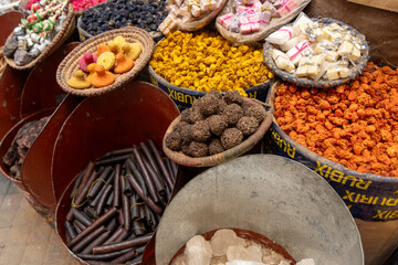 Spice shop, in Marrakech Medina, souks of spices.