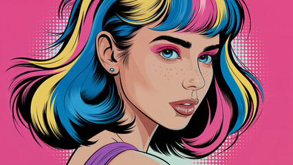 Bright pop art portrait of a young woman with bright multicolored hair making eye contact from behind, pink background