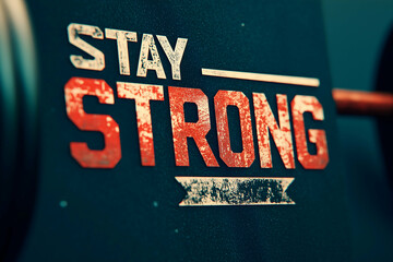 A motivational graphic featuring the phrase "Stay Strong" against a backdrop of fitness equipment, emphasizing resilience and strength.