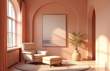 3D interior design illustration of peach room decor with armchair. Home interior with painting, curtain, elegant arch, comfortable rug. Stylish rendering of cosy, sunlight filled living room.