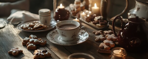Fototapeta premium Cozy winter tea scene with cookies and candlelight on wooden table