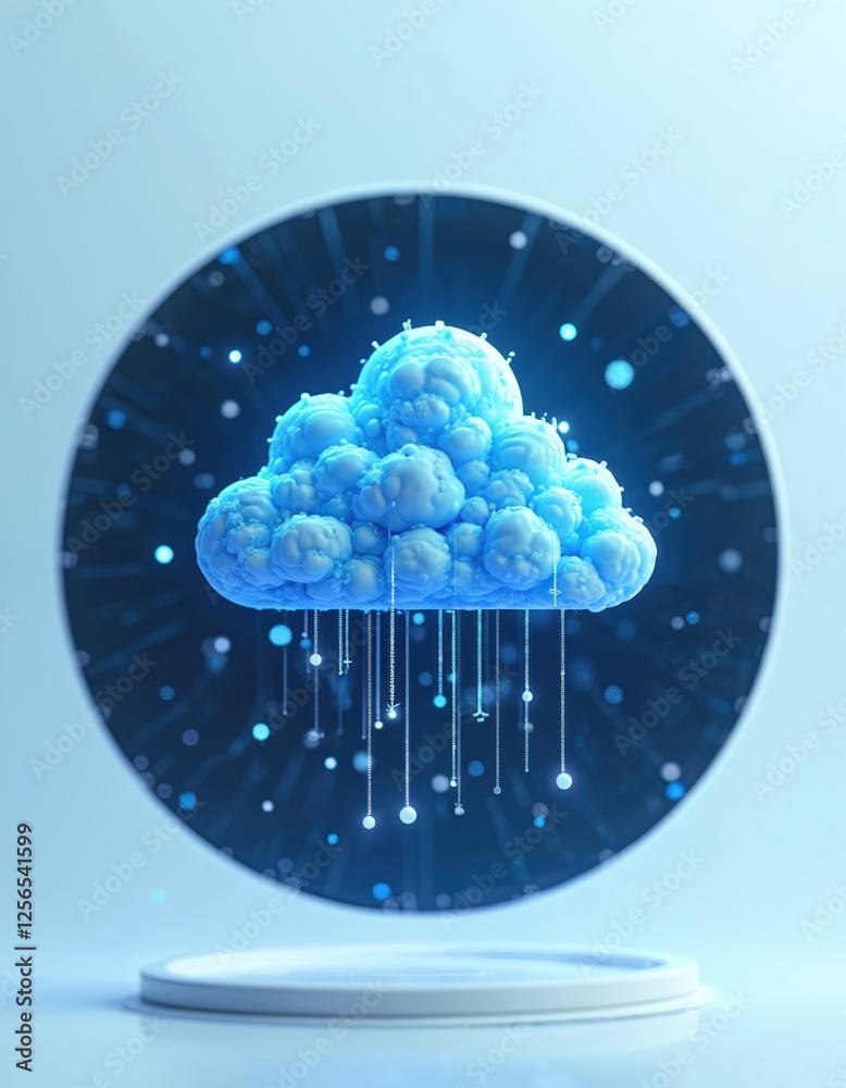 Poster virtual cloud environment concept. digital cloud with data streams over platform, cyberspace theme. 