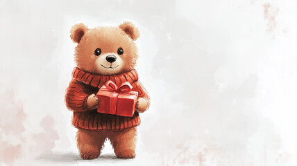 teddy bear on white background. Watercolor-style teddy bear with a gift, creating a warm holiday mood. Empty space for personalized messages.