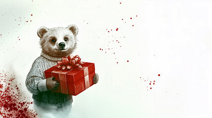 Soft and cheerful teddy bear art with a present. Perfect for festive designs with customizable text area.