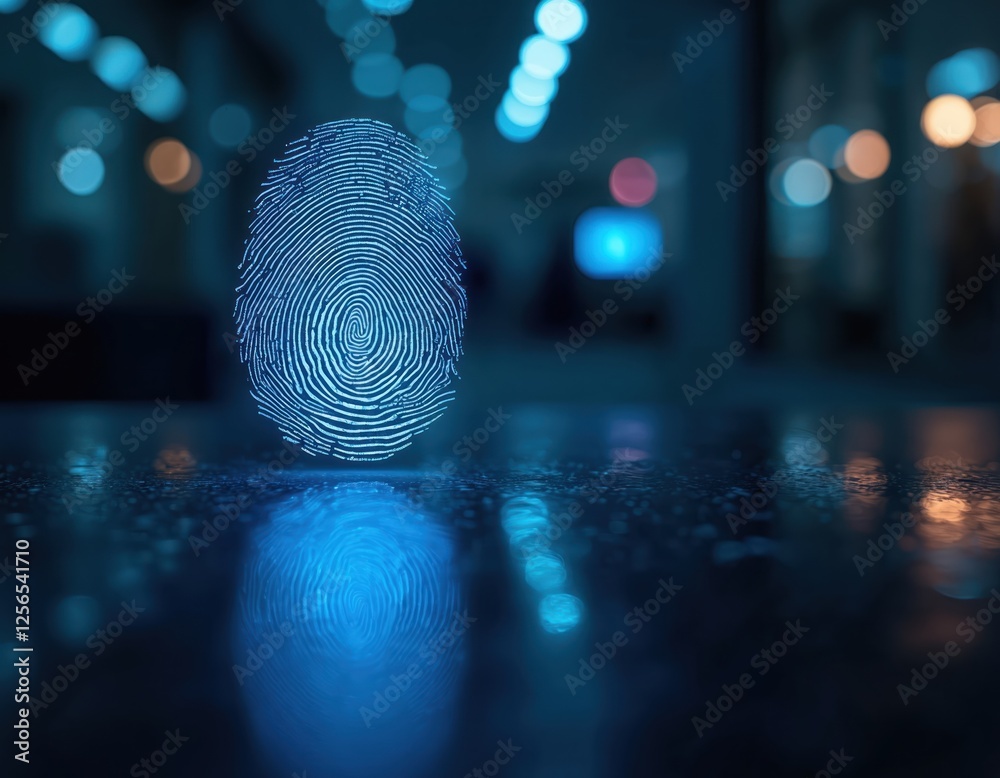 Aufkleber Glowing blue fingerprint on dark reflective surface. Biometric identification, cyber security concept. Digital access via thumbprint, forensic scanning. Modern tech illustration for secure personal