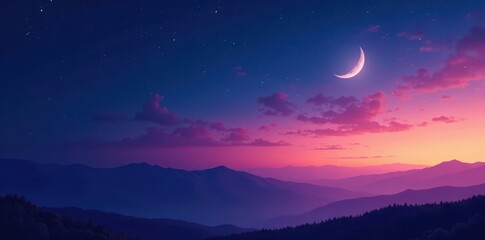 Deep twilight sky, silver crescent moon, glittering stars , sky, serene, shadow