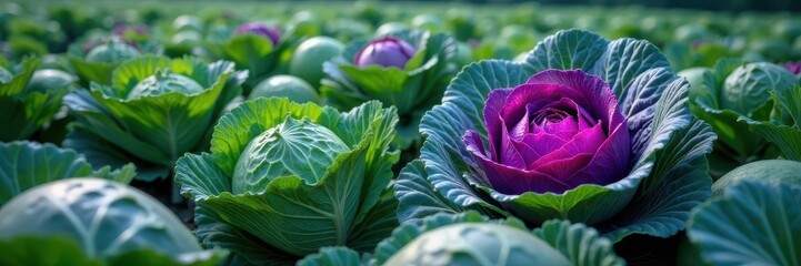 Obraz premium Expansive view of ripe cabbage; vibrant purple and green hues , growth, spring
