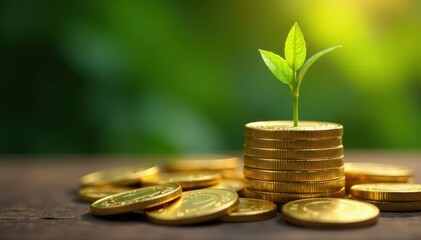 Gleaming gold coins, vibrant green plant growing atop , wealth, texture, finance