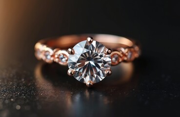 Closeup of gold ring with big diamond on dark background. Symbolizes engagement event, marriage proposal, love confession. Jewellery present for St Valentine Day and international Woman day.