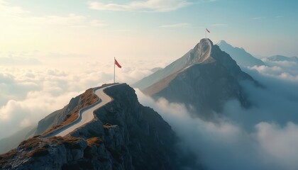 Winding road on mountain leads to red flags at peak among clouds. Concept of success, goal achievement, journey overcoming challenges, leadership. Path through mountain range. Beautiful landscape
