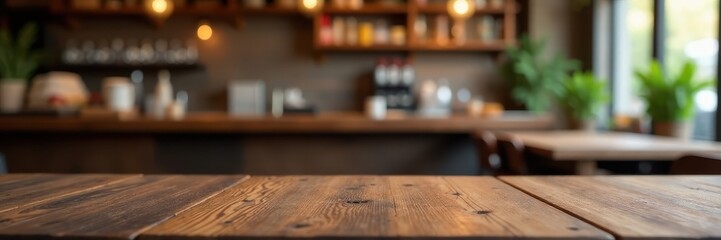Rustic wooden tabletop, blurred restaurant scene, space, food, background