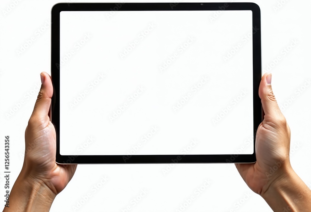 Poster Hands holding digital tablet with blank white screen. Gadget is isolated on white. Modern tech portable computer for work, entertainment, communication in your hands.