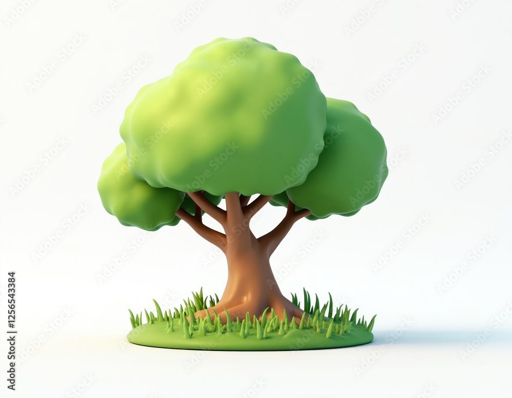 Poster 3d render of spring tree with green leaves and brown trunk on small green field. natural plant illus