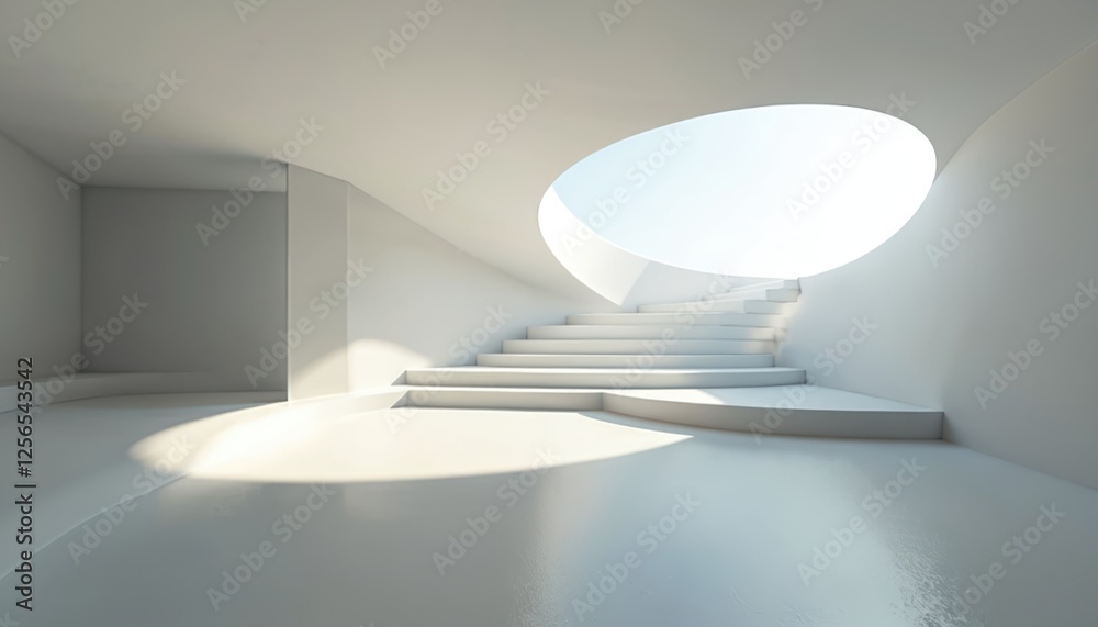Poster sunlit room featuring stairs under round skylight. clean white interior with simple geometric forms,