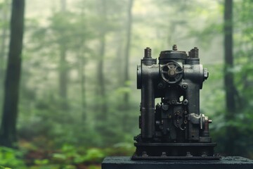Fototapeta premium Rustic metallic machinery rests in a misty forest, showcasing intricate details and a weathered texture.