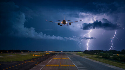 An airplane flies over an airport at night during a severe thunderstorm, lightning flashes against the dark sky creating a dramatic atmosphere. Dangerous weather conditions for aviation and an impress