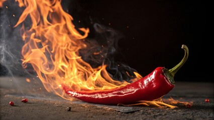 Burning red chili pepper with vibrant flames, presented on a dark surface to highlight its hot and spicy character