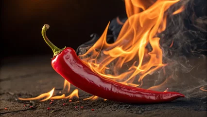 Plexiglas schilderij Hete pepers Image depicting a red chili pepper in flames, representing spice, heat, and the fiery element in cooking  © Platon