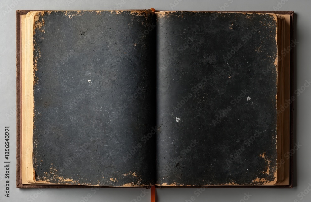 Poster open old book with black pages. vintage grunge paper texture background. ancient manuscript, brown r