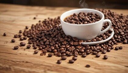 Obraz premium Coffee beans spill from a cup filled with hot coffee onto a worn, wooden surface, warm, scattered, beans