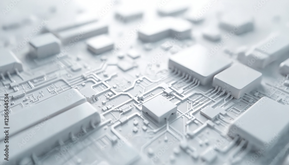 Fototapete White abstract futuristic tech background with circuit board texture. Geometric three-dimensional components, microchips connected by lines. Computer motherboard system visualization, engineering