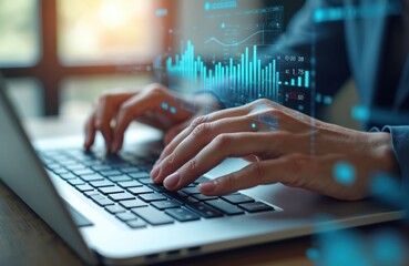 Close-up person works on laptop with stock market charts analytics. Financial data analysis, investment and trading insights, cybersecurity, online banking services via digital technologies.