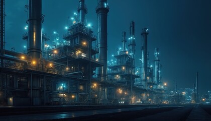 Fototapeta premium Illustration of IOT in manufacturing shows integration connected devices optimize production at oil refinery at night. Automation tech, maintenance inventory on factory operations era industry 4. 0
