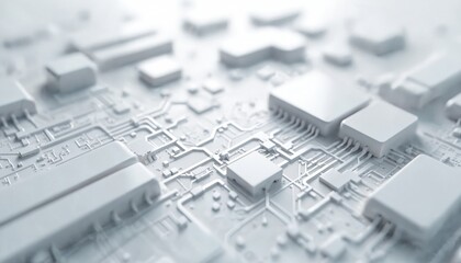 White abstract futuristic tech background with circuit board texture. Geometric three-dimensional components, microchips connected by lines. Computer motherboard system visualization, engineering
