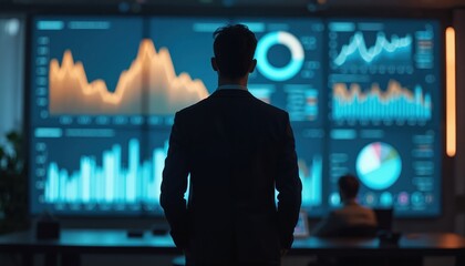 Man stands in front of big data screen with charts, graphs. Businessman analyzes financial statistics, investment risks on digital display. Progress in science, future innovative technologies, modern