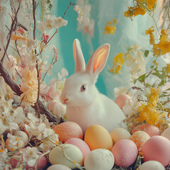 Easter-themed, pastel colors, a white bunny surrounded by colorful eggs and spring flowers, soft-focus background, vintage style.