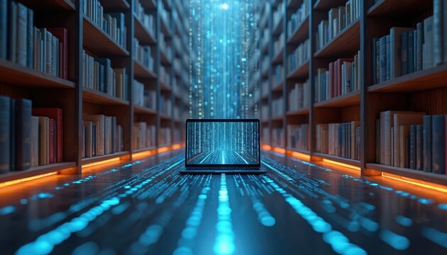 Futuristic digital library with books, laptop. Binary code flows across bookshelves, data visualization, AI-powered information search. Modern tech, virtual reality, cyberspace concepts. Online