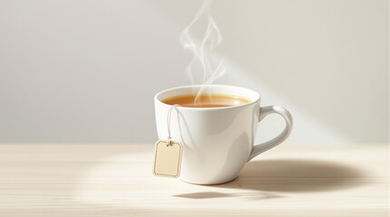 A steaming white cup of tea with a tea bag, isolated against a soft grey background, perfect for conveying warmth and comfort