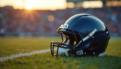 Close-up of american football helmet on lawn at sunset. Headgear for gridiron sport lies on field. Sports equipment scene, copy space. American team competition, pro game gear.