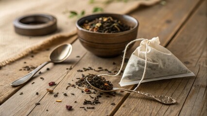Detailed image of a pyramid tea bag and loose tea, scattered on a wooden plank, emphasizing natural tea texture and components
