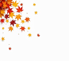 Falling autumn maple leaves isolated on white background. Red, orange, yellow foliage flat lay. Seasonal nature pattern, vibrant colorful decoration. Natural fall design, autumn seasonal vibe concept.