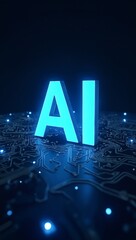 Neon light blue text "AI" on a dark techno background, for technologies, artificial intelligence and innovative projects in the field of digital solutions.