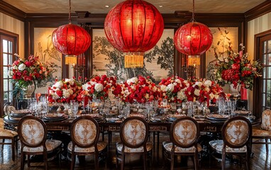 Elegant dining room with red floral centerpiece, Chinese lanterns, and dark wood furniture.