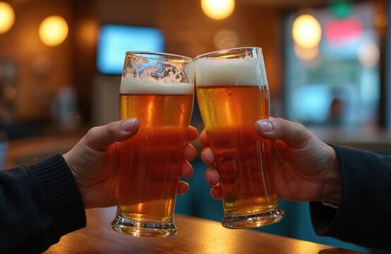 Two hands holding, clinking beer glasses in bar. Friends celebrate success with light lager ale, drink in pub. Celebrating friendship with alcoholic drink at party. Foamy beverage closeup.
