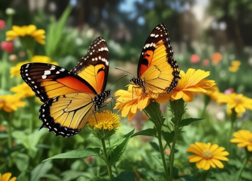 Colorful butterfly on a yellow flower in the garden, large southern white ascia monuste, nature