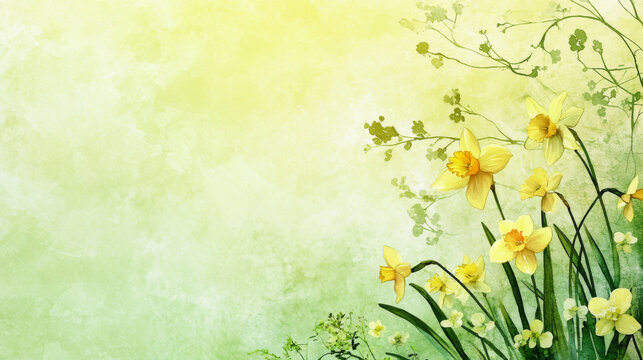 Watercolor Spring Background with Vibrant Yellow Daffodils and Delicate Greenery. Concept of Nature's Renewal, Floral Beauty, Seasonal Freshness, Colorful Blossom. Copy space