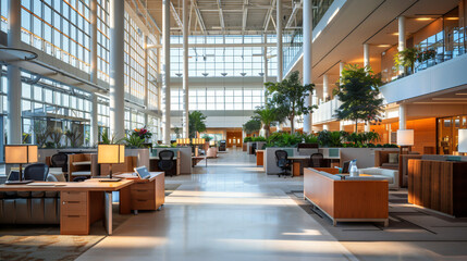 A modern open-concept hall featuring dedicated workstations and comfortable lounge areas, offering a peaceful and balanced environment. 