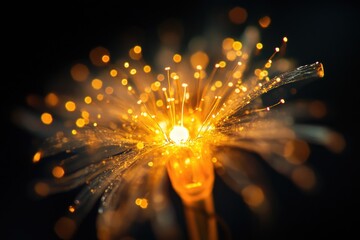 Obraz premium Illuminated fiber optic strands resembling a radiant, golden flower blossom in the dark.