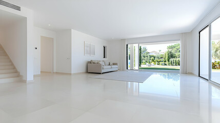 Obraz premium Modern villa living room, open plan design, pool view, luxury home interior, real estate listing
