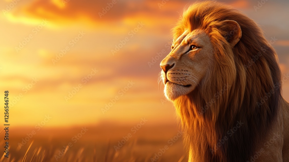 Poster regal lion portrait with glowing golden mane illuminated by sunset light, perfect for adding text. g