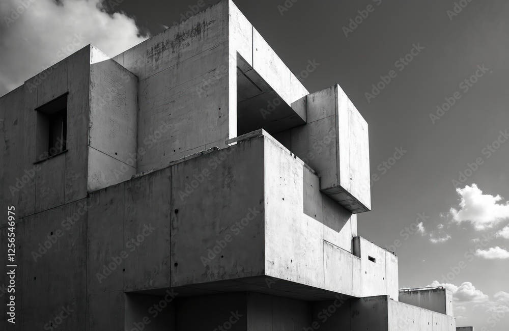 Aufkleber high-contrast black, white photo of brutalist building. geometric shapes, shadows abstract architect