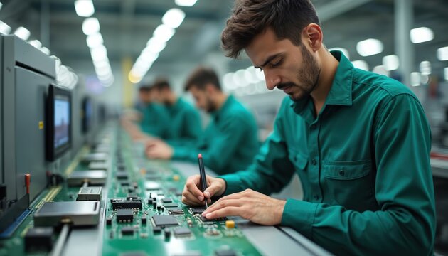 Young man of turkish descent in green shirt works on circuit board at factory assembly line. Modern tech, electronic manufacturing, innovation, digital device, hardware development, engineering