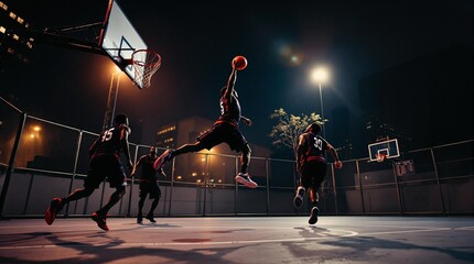 Silhouetted basketball players in action on a city court at night, dramatically lit by stadium lights. Use for projects about urban sports culture, nighttime games, and athletic energy