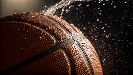 Dynamic close-up of water splashing on a basketball, emphasizing the texture and motion of water in a sports scene. Use for projects needing a strong visual impact related to sports and energy