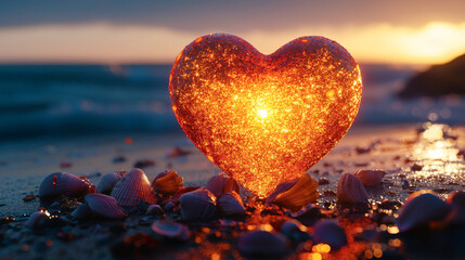 Fototapeta premium Glittering Heart-Shaped Sculpture on Ocean Beach at Sunset. Concept of love, romance, and serenity. Illuminated sculpture with seashells. Valentine's Day. Copy space